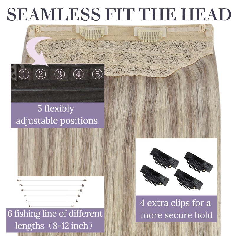 Fshine Invisible Wire Hair Extensions 18 Inch 86 G Ash Blonde Highlighted Bleach Blonde Fish Line Wire Human Hair Extensions Seamless Layered Hairpiece Clip ins for Women - Image 4